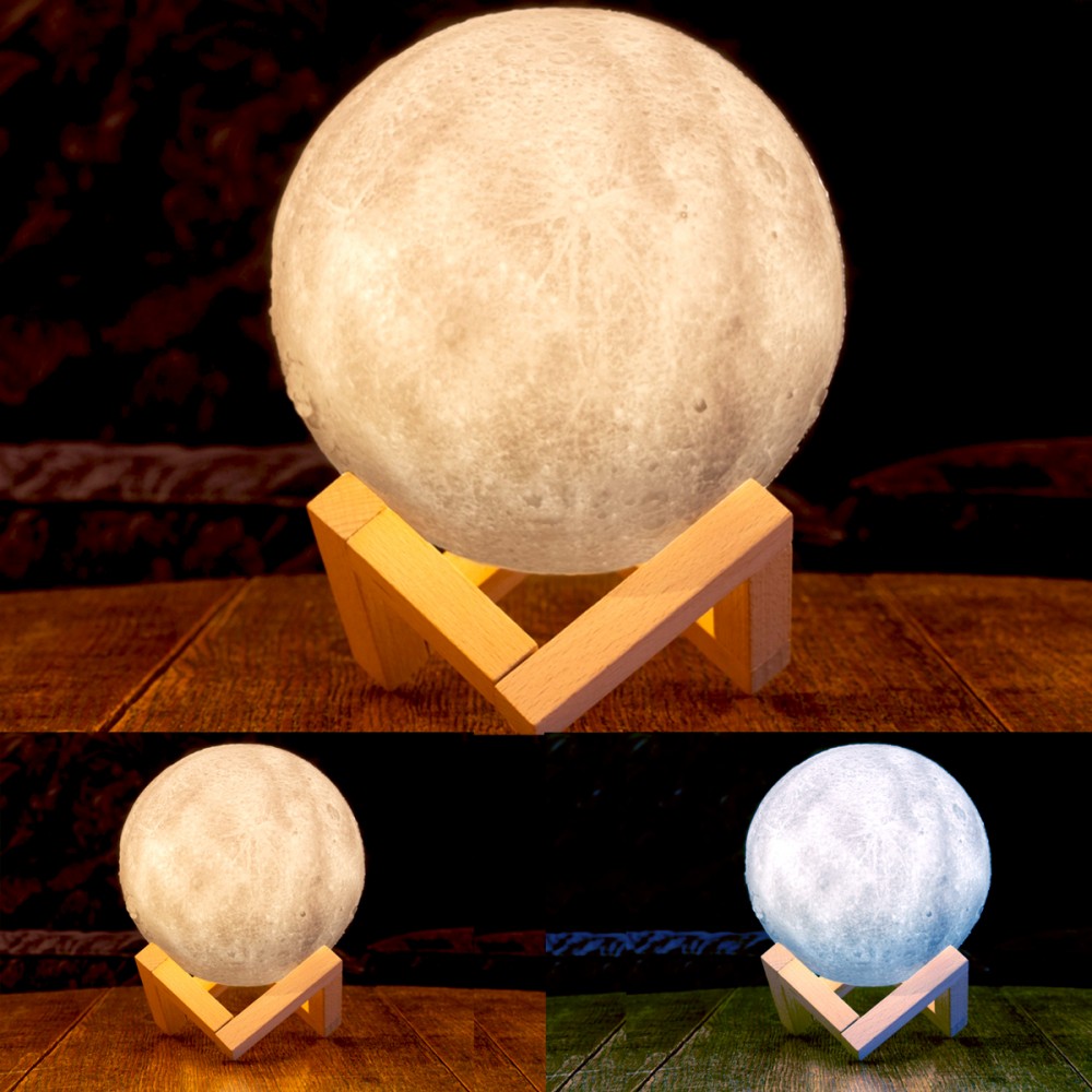 Lampe Lune 3D Tactile LED – 18 Cm – Rechargeable USB – Support Bois – 2 Couleurs